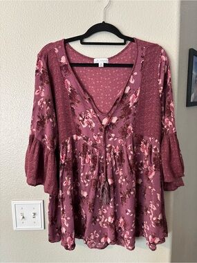 LA Threads Boho Floral Bell Sleeve Peasant Blouse Pink Mauve Plus Size 3X